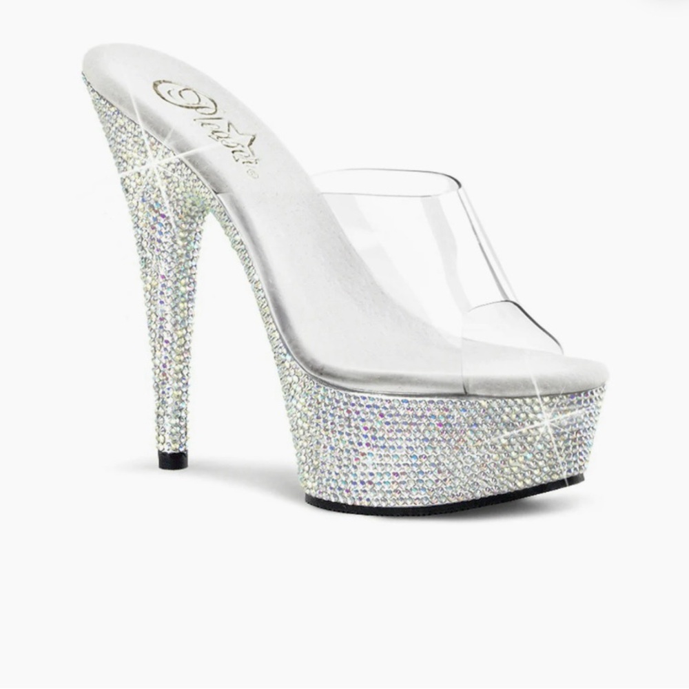 Pleaser Heels. Bejeweled. Rhinestone Heel Platform Sandals in Clear and Silver